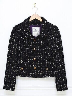 Vintage Milly Black Tweed Blazer Jacket Size 4 Wool Blend Gold Buttons Preppy